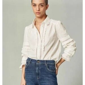 ME+EM Cotton Dobby Lace Insert Blouse Soft White Size 10 Poets Blouse Boho
